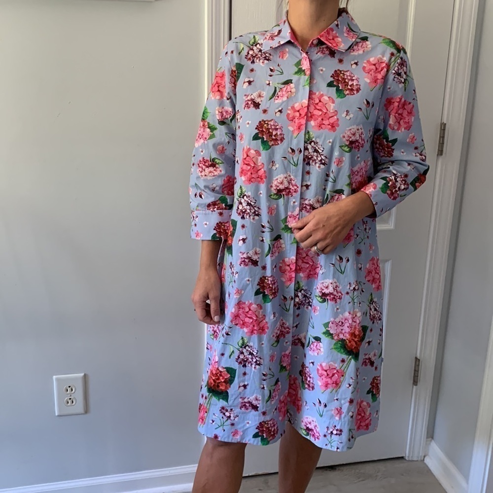 Perlavera size M‎ floral blue pink shirt dress hydrangeas print